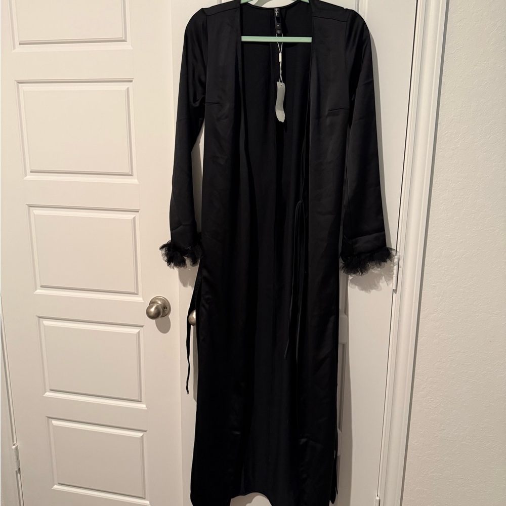 For Love And Lemons Black Satin Long Robe with tulle Trim